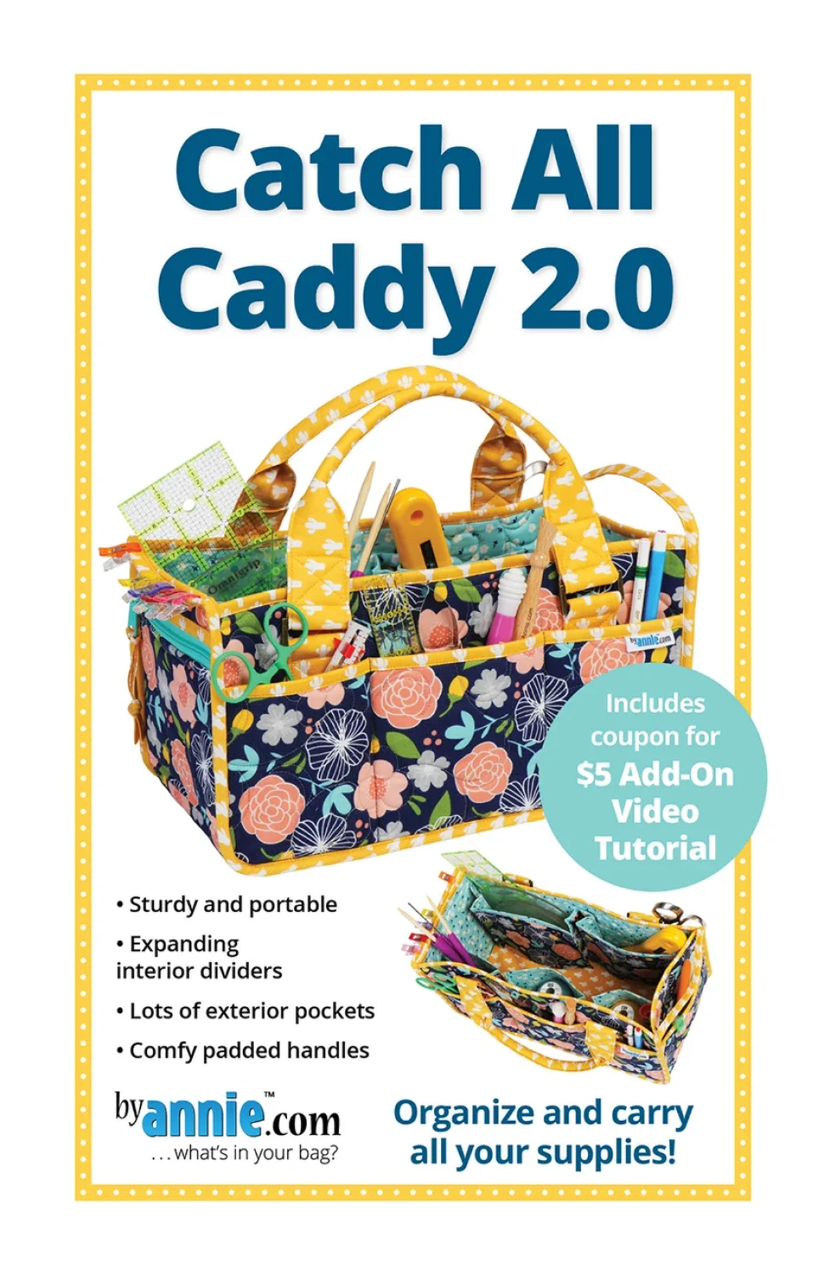 Floral craft caddy with handles and supplies.