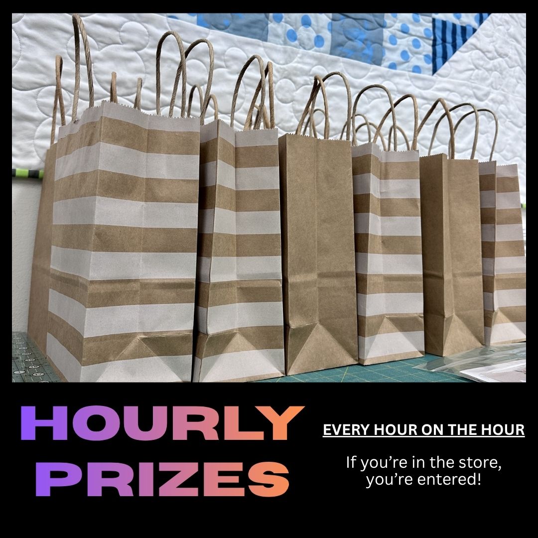 Striped paper bags with 'HOURLY PRIZES' text.