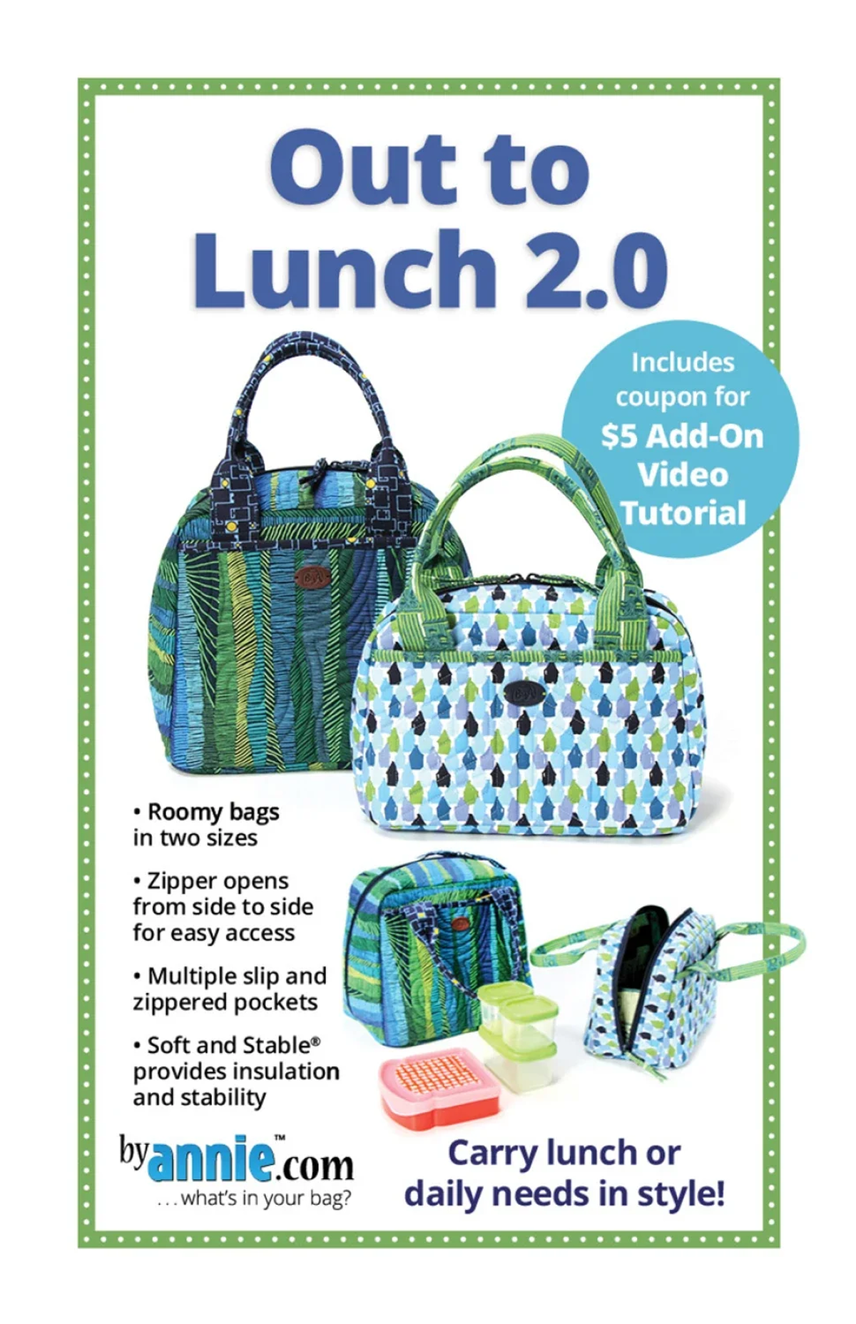 Colorful lunch bags with zippers and pockets.