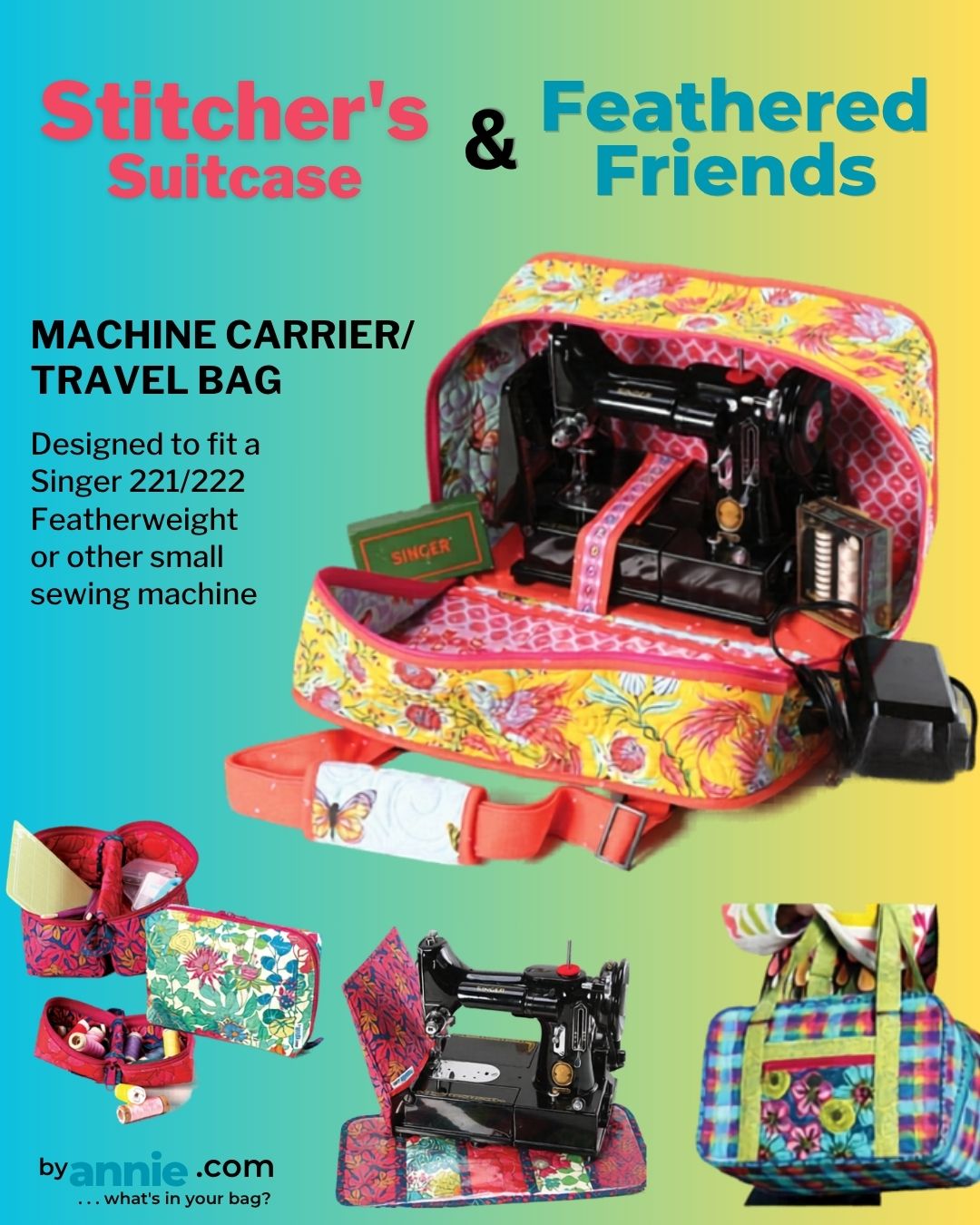 Colorful sewing machine carrier and contents.