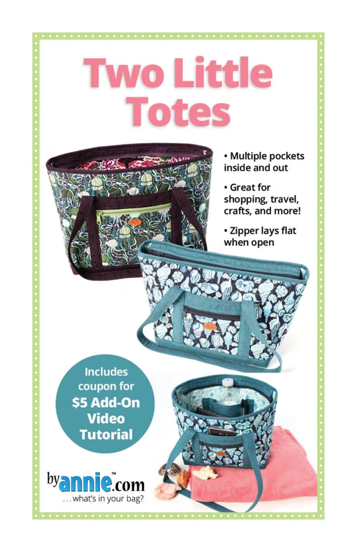 Colorful tote bags with multiple pockets.