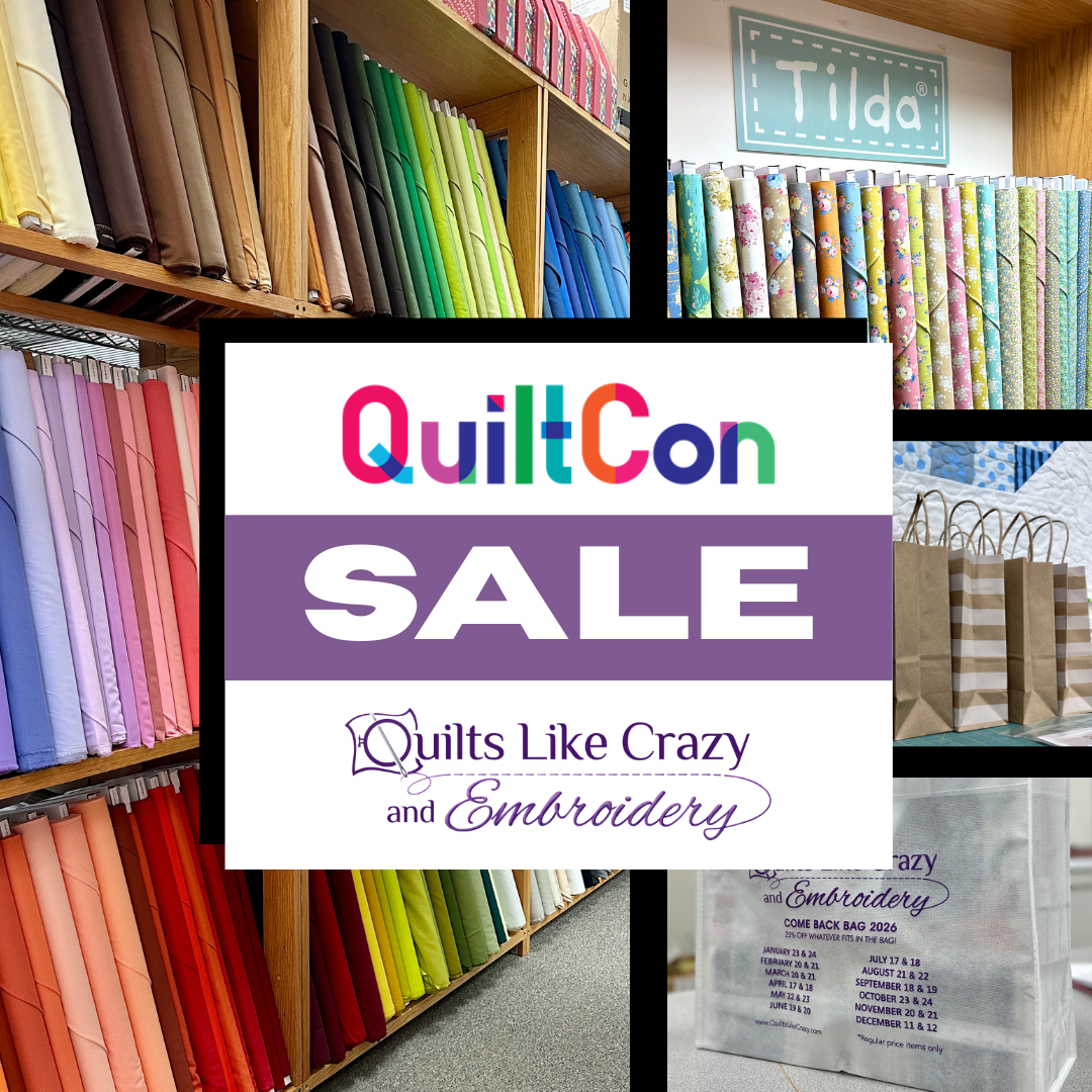 Sale on Moda Bella Solids, Tilda Sunday Brunch, 25% off regular price items, and giveaways at Quilts Like Crazy during QuiltCon